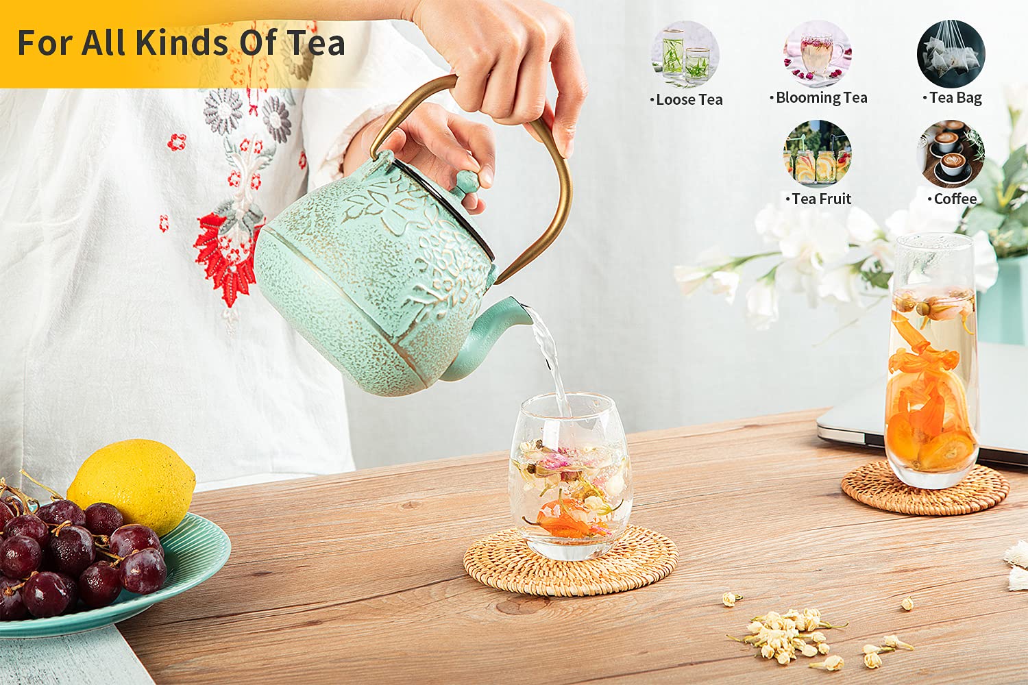 Toptier Japanese Teapot With Stainless Steel Infuser, Cast Iron Tea Kettle Stovetop Safe, Leaf Design Coated With Enameled Inter